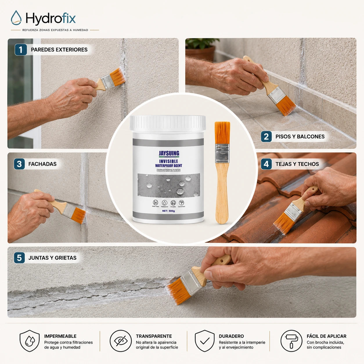 Hydrofix - Refuerza zonas expuestas a humedad - Sellador Impermeable 500g + Brocha