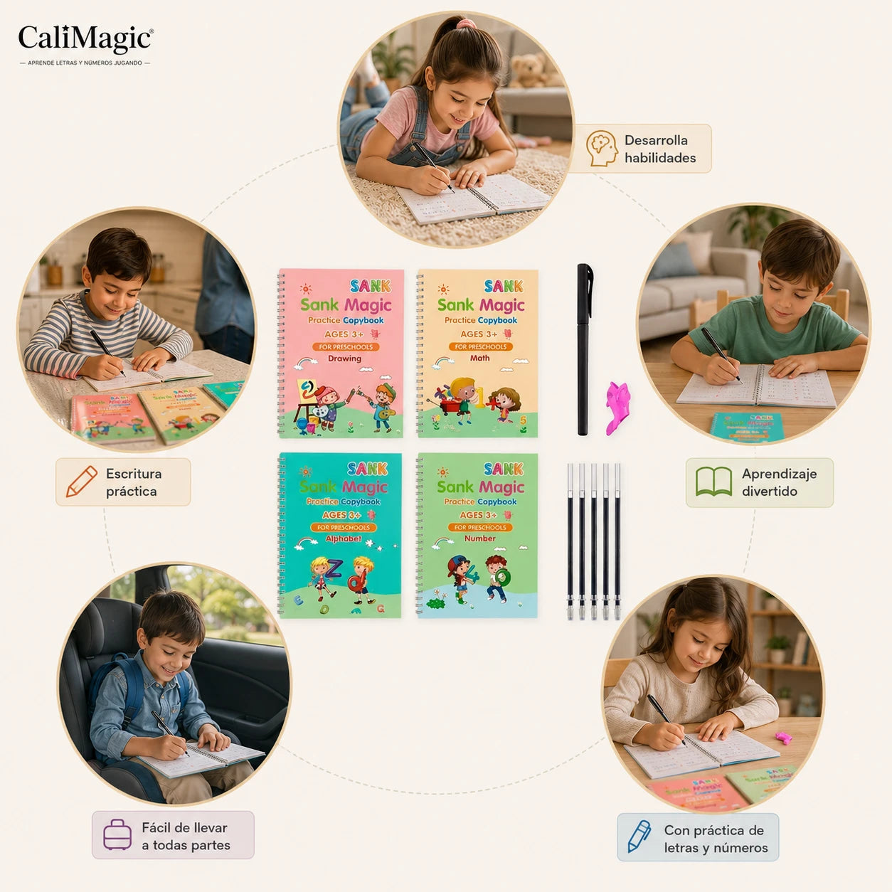 CaliMagic - Aprende letras y números jugando - Set 4 cuadernos magic de caligrafía