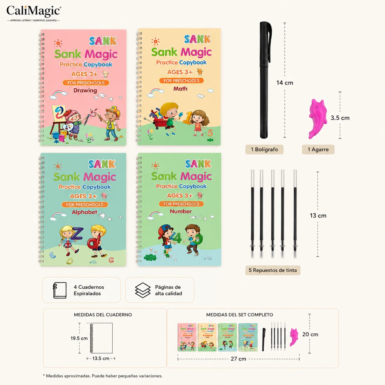 CaliMagic - Aprende letras y números jugando - Set 4 cuadernos magic de caligrafía