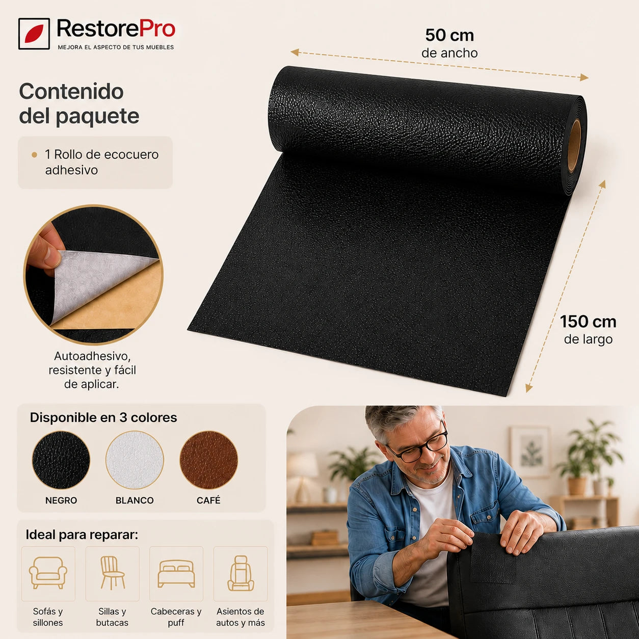 RestorePro - Mejora el aspecto de tus muebles - Ecocuero adhesivo de 150×50 cm