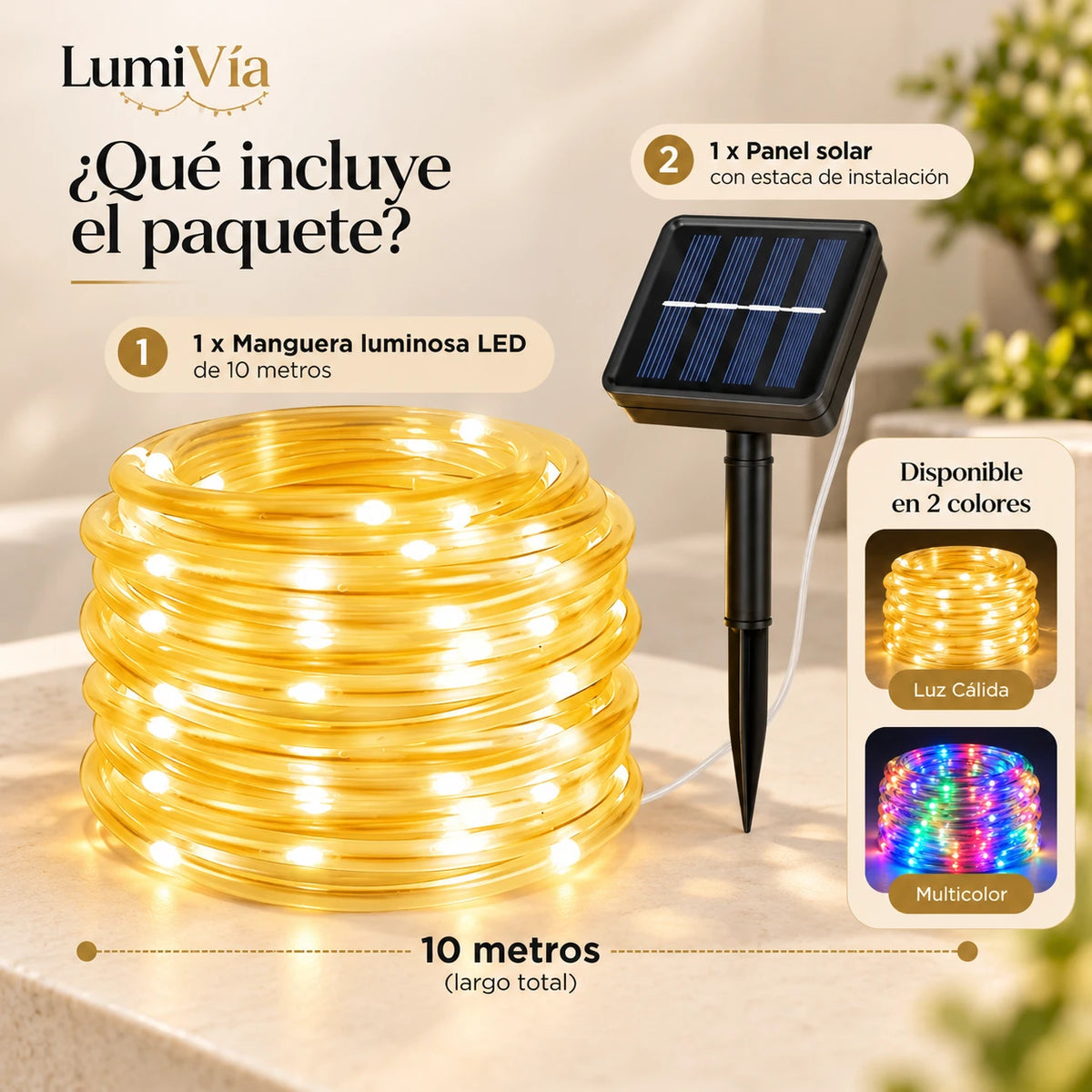 LumiVía 10 Metros - Manguera Solar Flexible para Decorar Exteriores