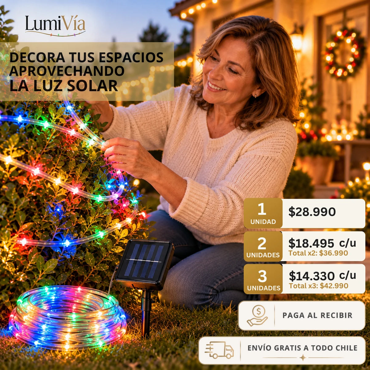 LumiVía 10 Metros - Manguera Solar Flexible para Decorar Exteriores
